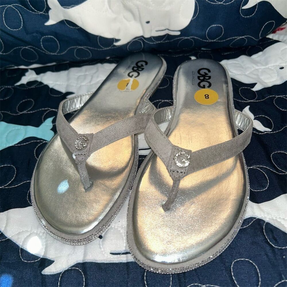 G by Guess Women's Silver Glitter Flip Flops Sandals Size 8 Casual